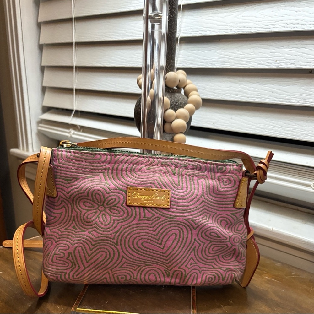 Dooney & Bourke “Doodle Collection” Pink Swirl Floral Crossbody with Tan Trim